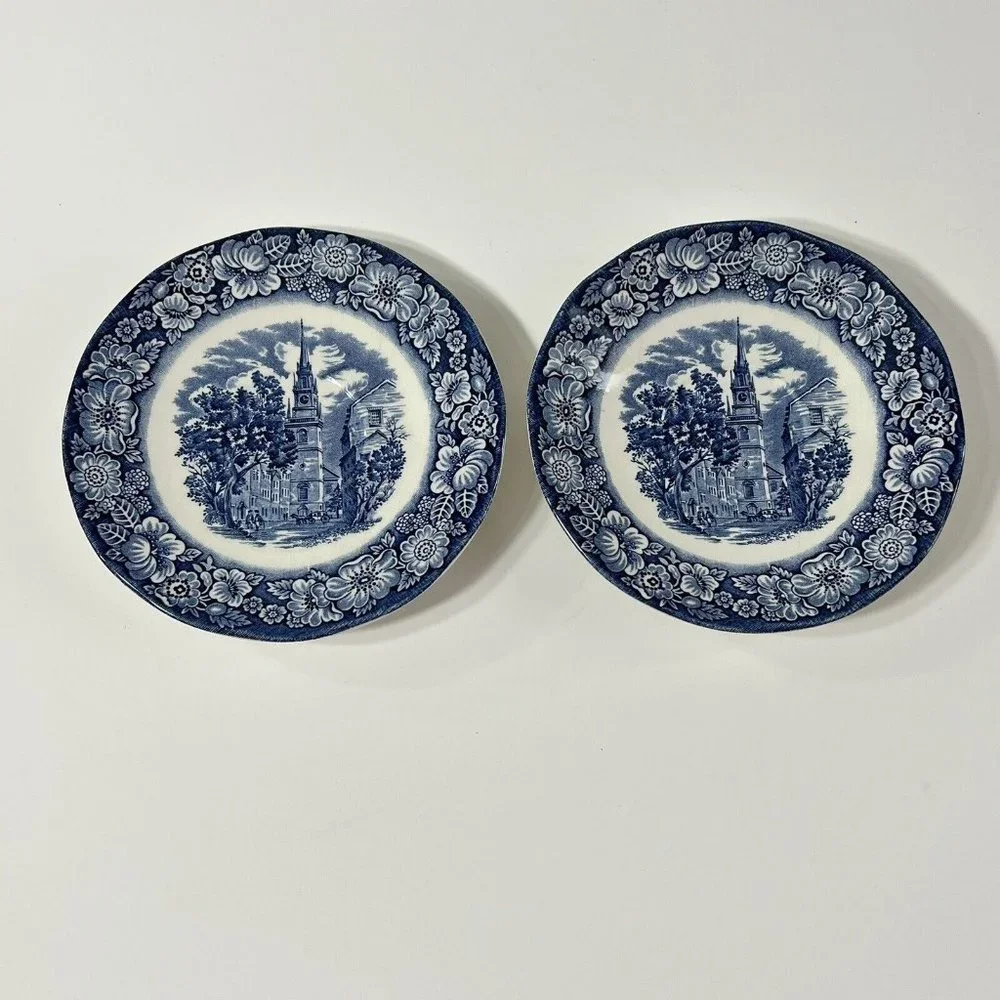 4 Vtg Liberty Blue Old North Church 5.75 inches saucersColonial Scenes Pre-Owned - Picture 5 of 13